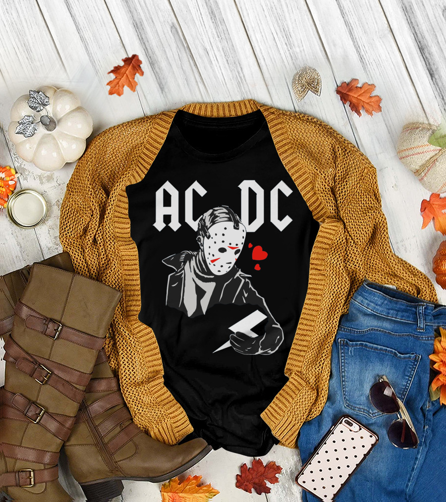 Acdc Jason Voorhees Mask Holding Lightning Bolt With Hearts T-Shirt