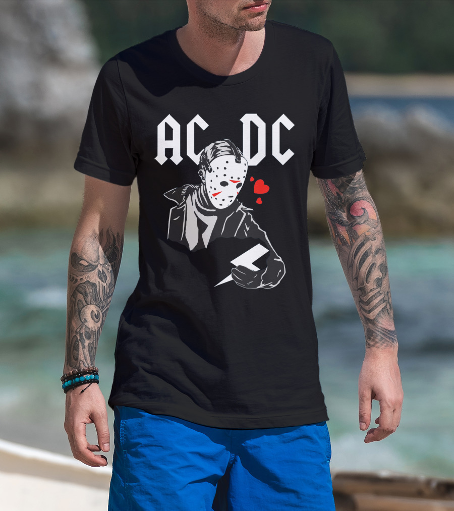 Acdc Jason Voorhees Mask Holding Lightning Bolt With Hearts T-Shirt