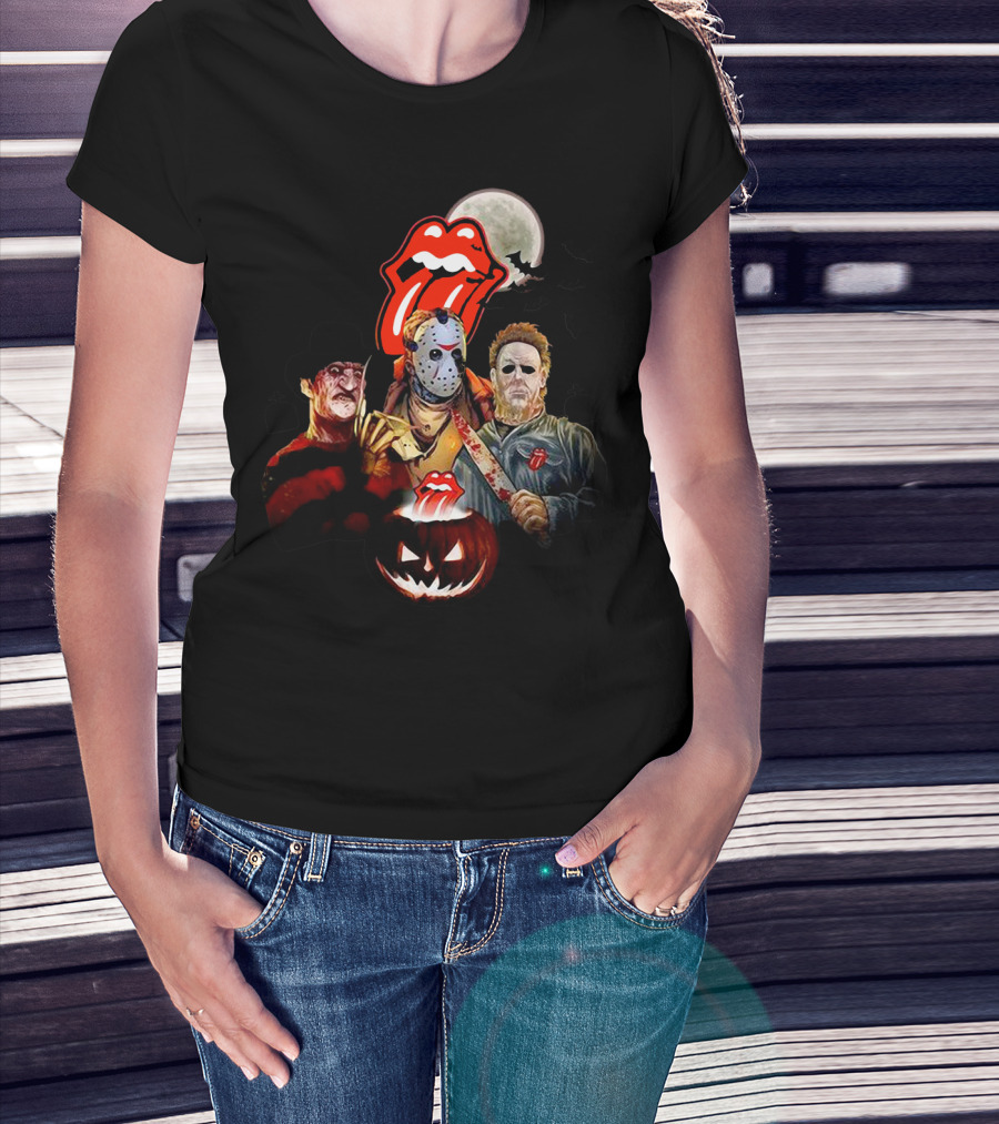 Michael Myers Voorhees Freddy Horror Mashup Halloween Moon Pumpkins Bats Tongue T-Shirt