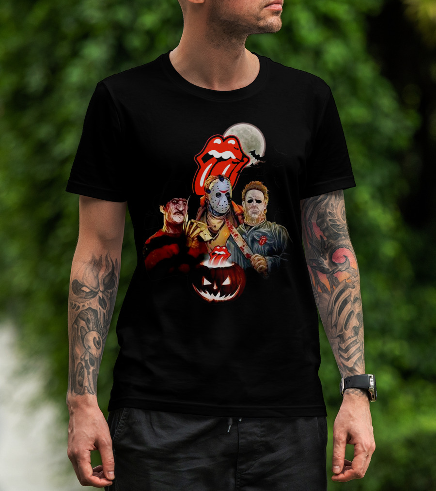 Michael Myers Voorhees Freddy Horror Mashup Halloween Moon Pumpkins Bats Tongue T-Shirt