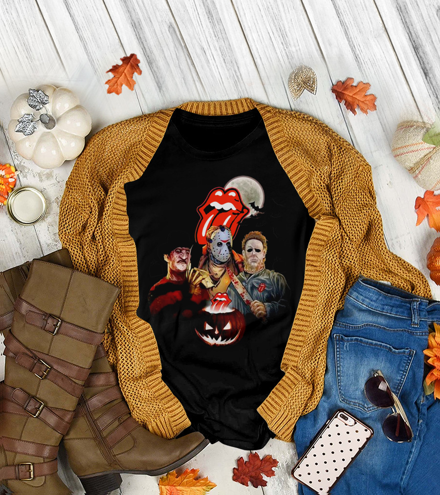 Michael Myers Voorhees Freddy Horror Mashup Halloween Moon Pumpkins Bats Tongue T-Shirt