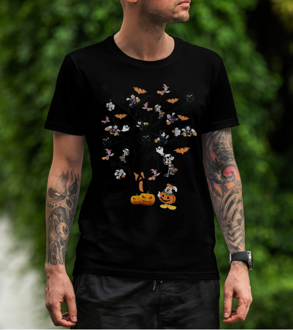 Mickey Mouse Halloween Tree With Pumpkins And Skeleton Costumes T-Shirt