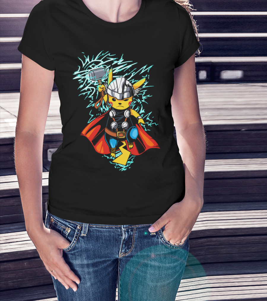 Pikachu Wielding Thor's Hammer With Lightning And Armor T-Shirt