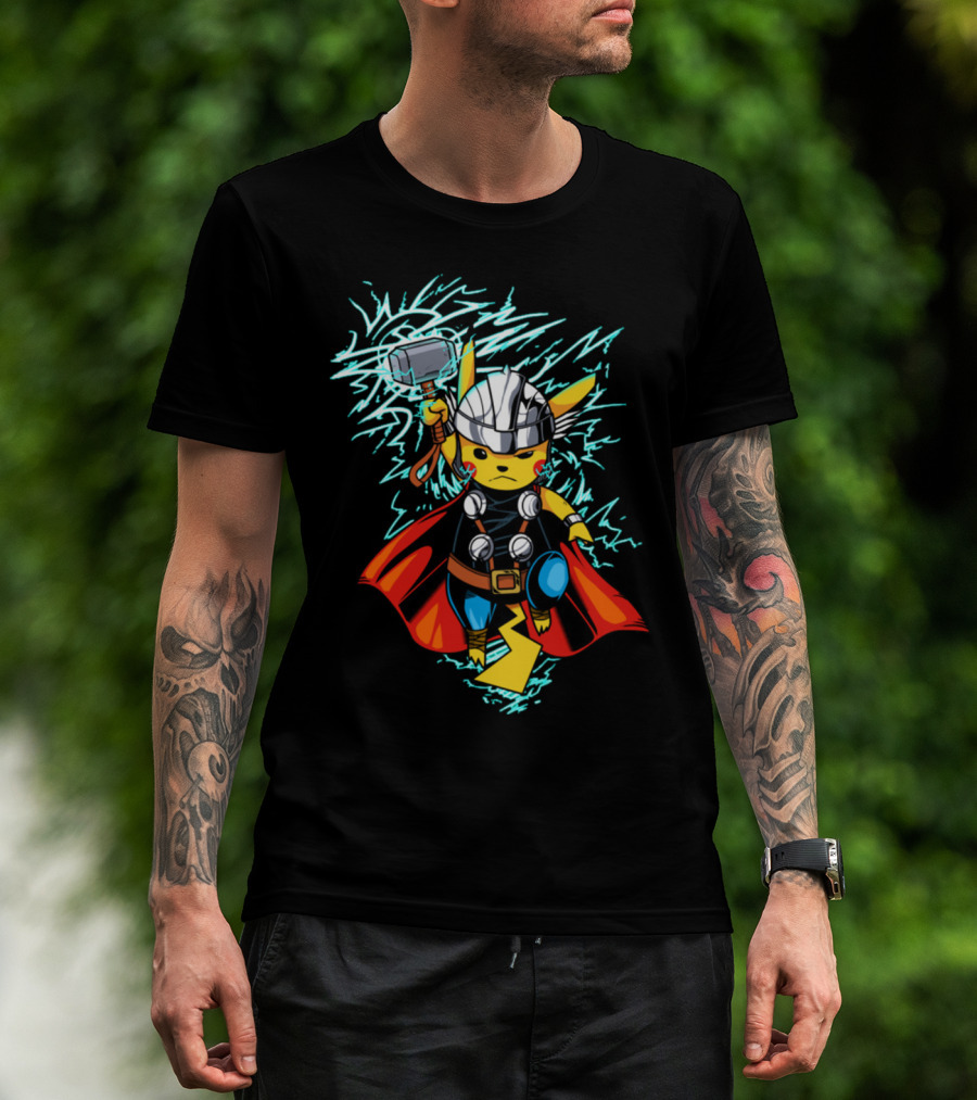 Pikachu Wielding Thor's Hammer With Lightning And Armor T-Shirt