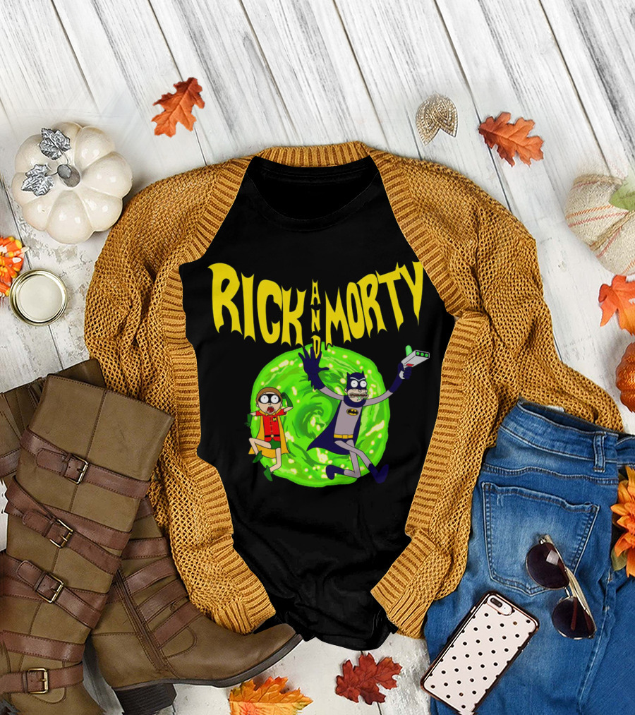 Rick and Morty in Batman Costumes with Portal Gun and Swirling Green Portal T-Shirt