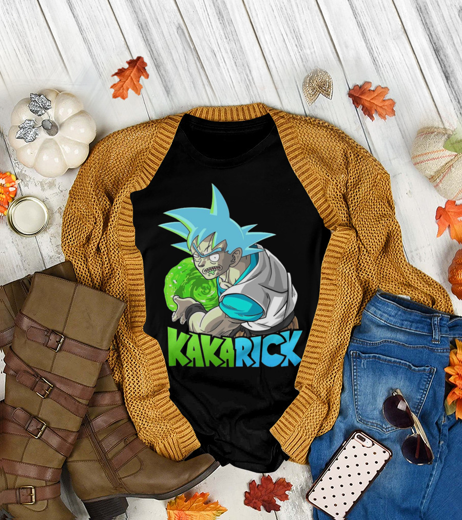 Kakarick Rick and Morty x DBZ Crossover with Green Energy Sphere and Blue Hair T-Shirt