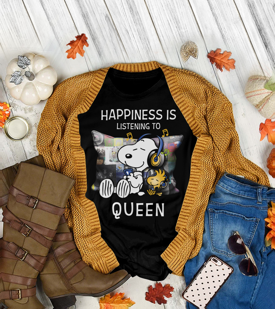 Happiness is Listening to Queen with Snoopy and Woodstock Music Pillow T-Shirt