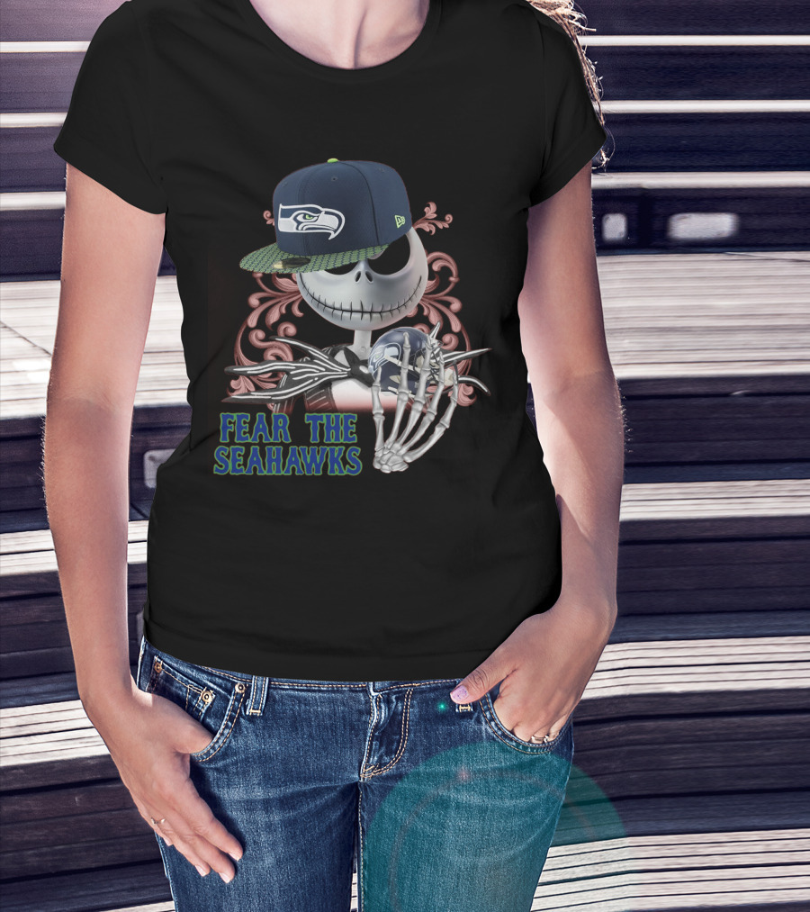 Jack Skellington Wearing Seattle Seahawks Cap With Fear The Seahawks Theme T-Shirt