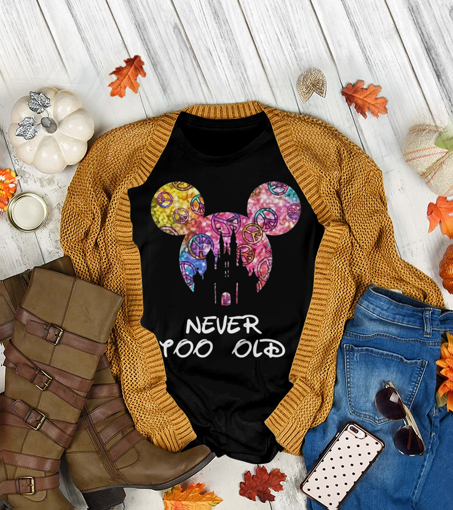 Mickey Never Too Old for Disney Castle Peace Signs T-Shirt