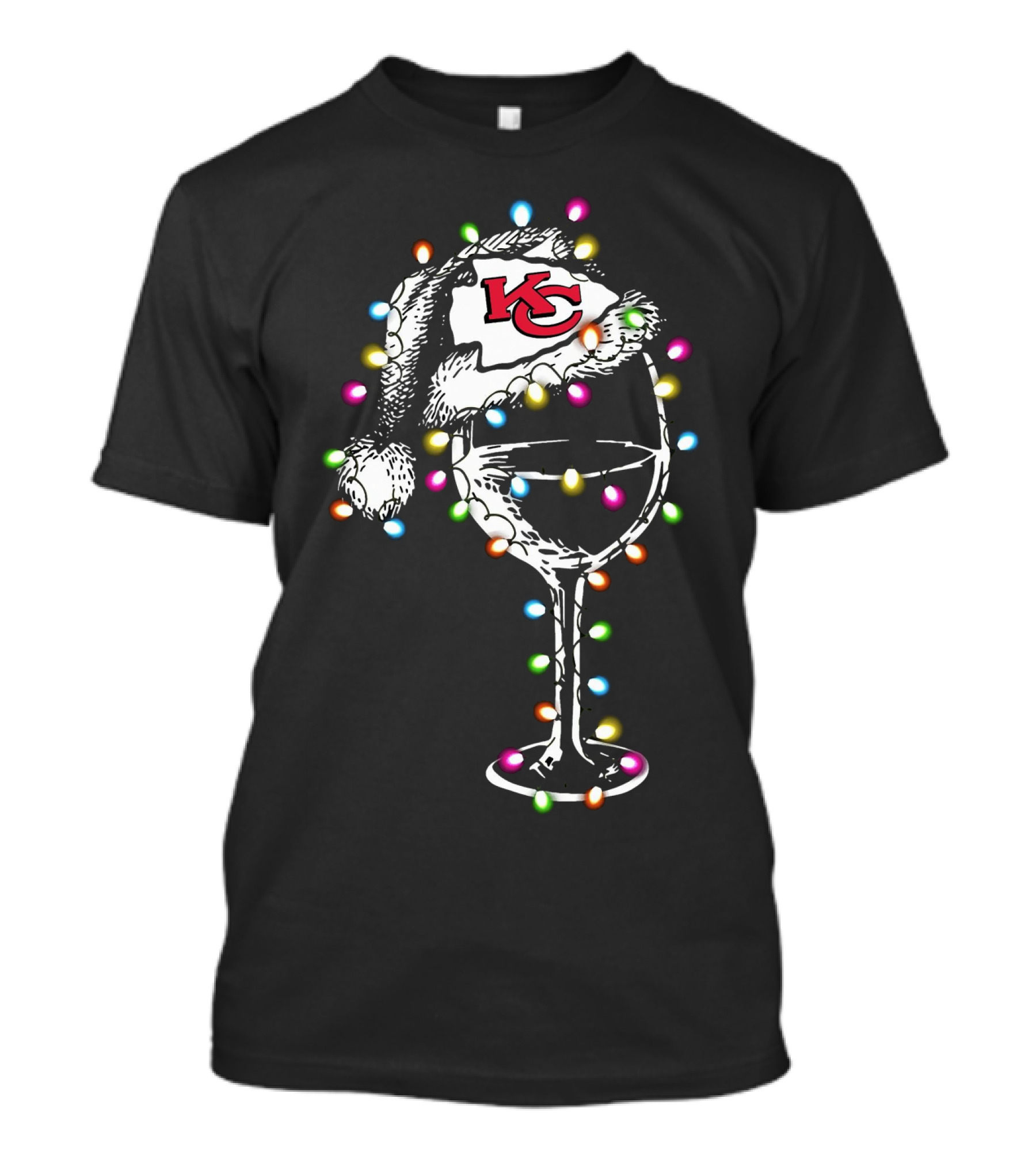 Kansas City Chiefs Santa Hat Wine Glass Christmas Lights T-Shirt