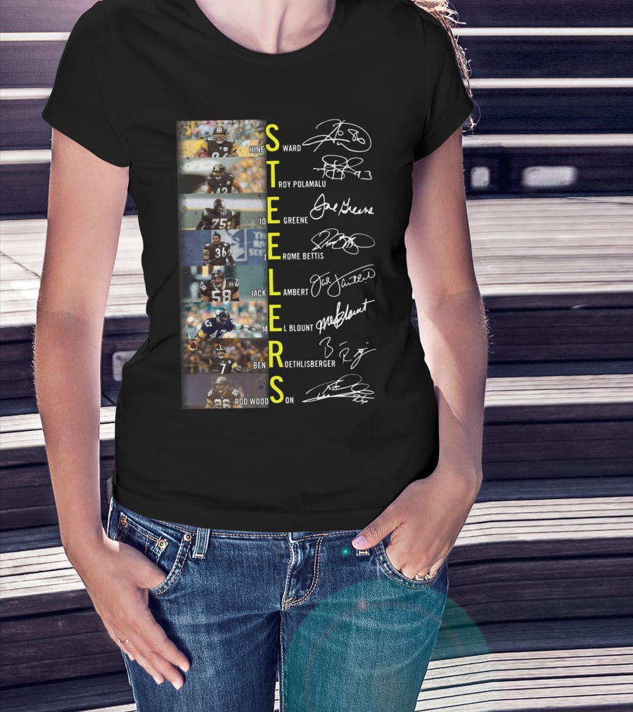 Steelers Hines Ward Troy Polamalu Joe Greene Jerome Bettis Jack Lambert Mel Blount Ben Roethlisberger Rod Woodson T-Shirt