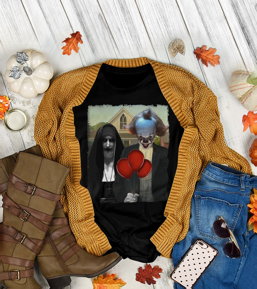 Pennywise and Valak American Gothic Parody with Red Balloons T-Shirt