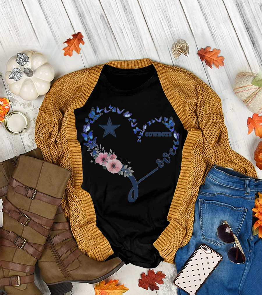 Heart Love Dallas Cowboys Star Blue Butterflies T-Shirt