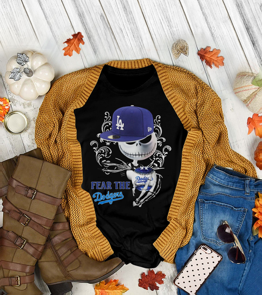 Fear the Dodgers Jack Skellington LA Dodgers Hat Baseball Scene T-Shirt