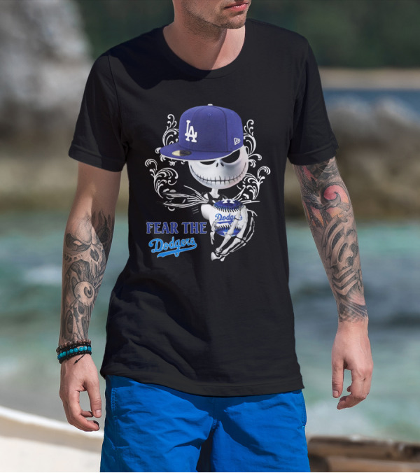 Fear The Dodgers Jack Skellington LA Dodgers Hat Baseball Scene T-Shirt