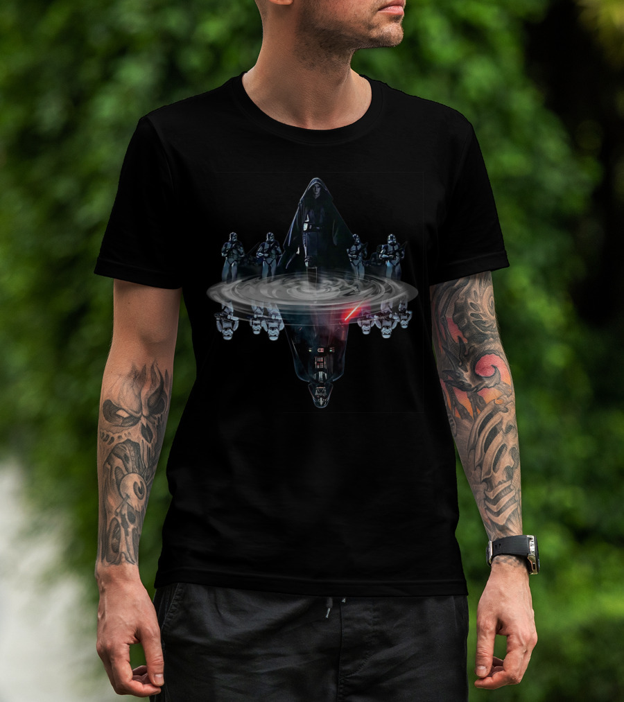 Darth Vader And Stormtroopers Mirror Reflection With Lightsaber Shadow T-Shirt