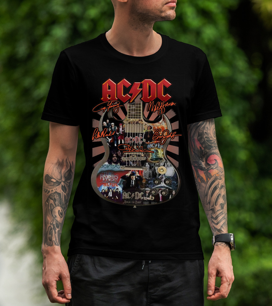 Ac Dc Rock Or Bust Collage Guitar With Autographs And Album Covers T-Shirt
