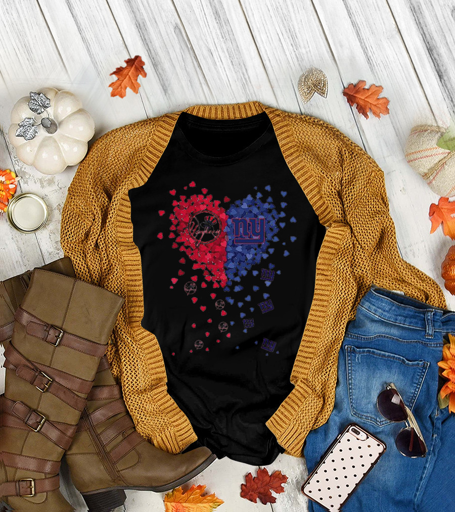 New York Yankees Giants Heart Shaped Logos with Red and Blue Hearts T-Shirt