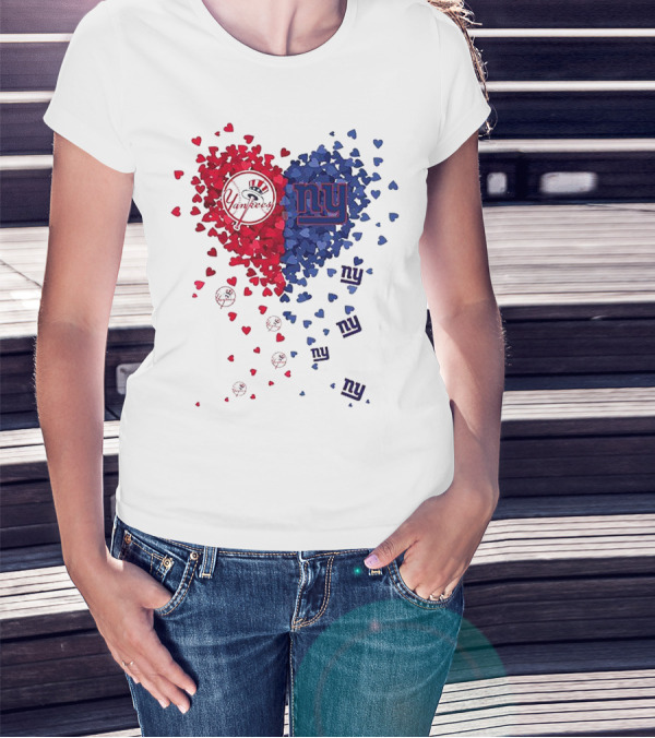 New York Yankees Giants Heart Shaped Logos With Red And Blue Hearts T-Shirt