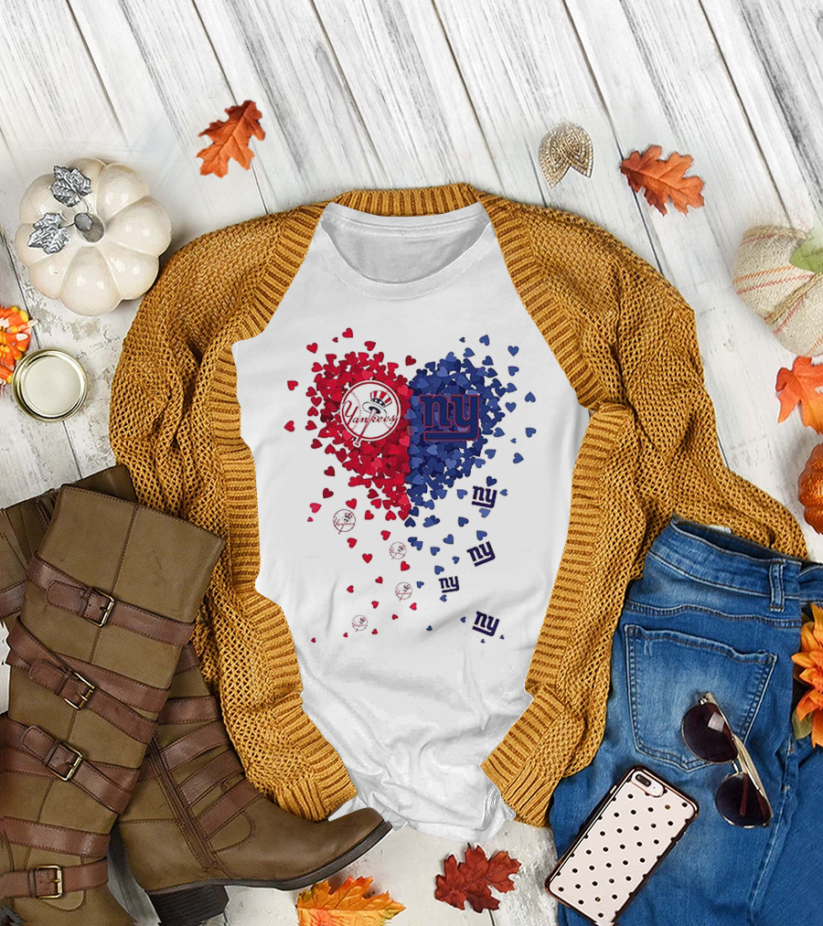 New York Yankees Giants Heart Shaped Logos with Red and Blue Hearts T-Shirt
