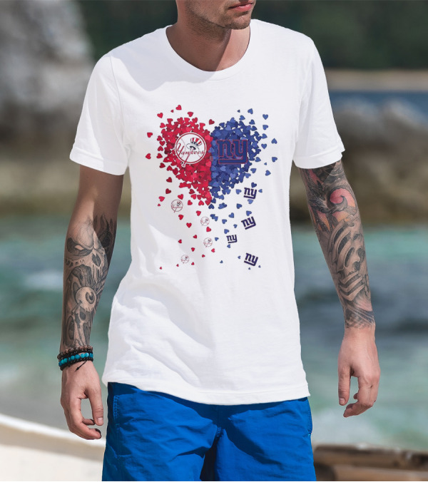 New York Yankees Giants Heart Shaped Logos With Red And Blue Hearts T-Shirt