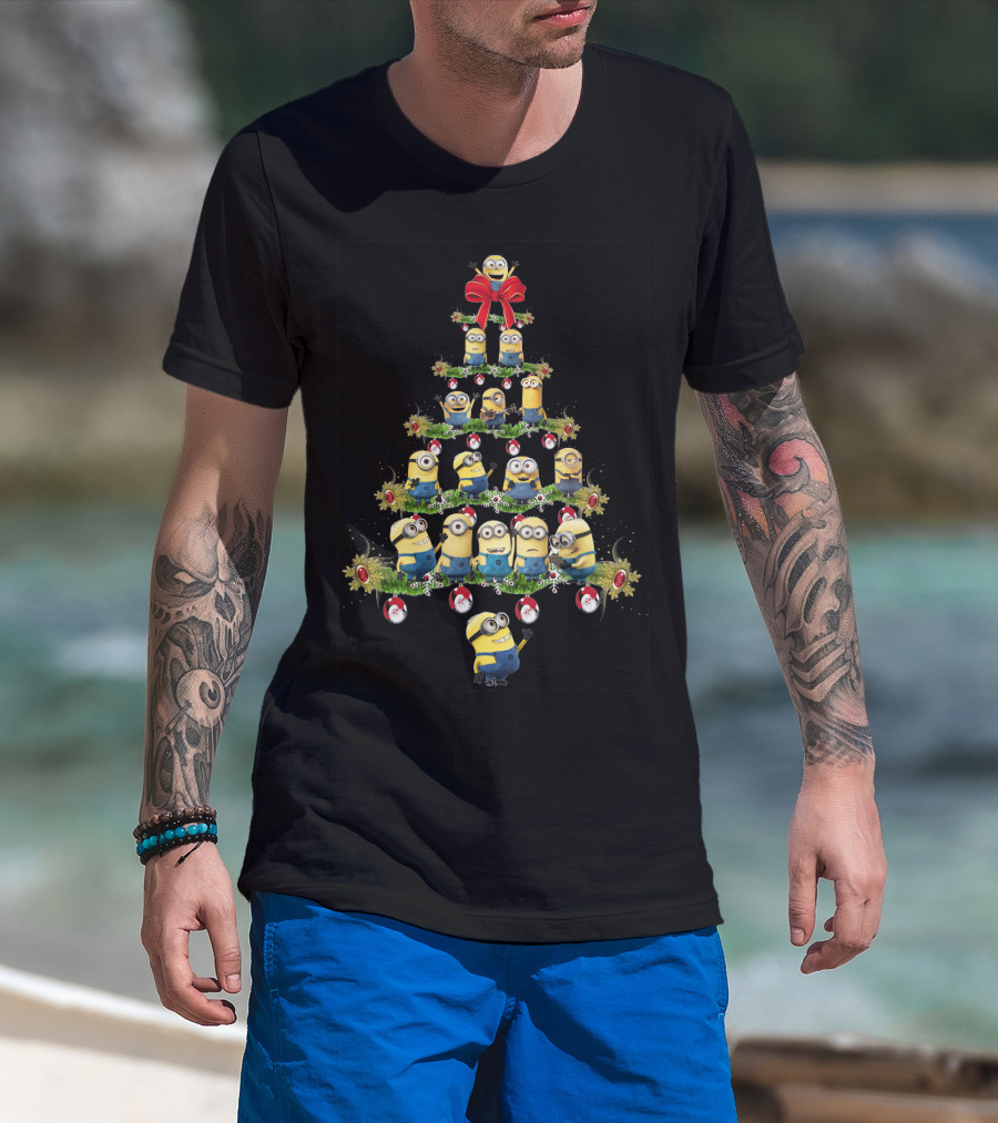 Minions In A Christmas Tree Formation With Festive Decorations T-Shirt