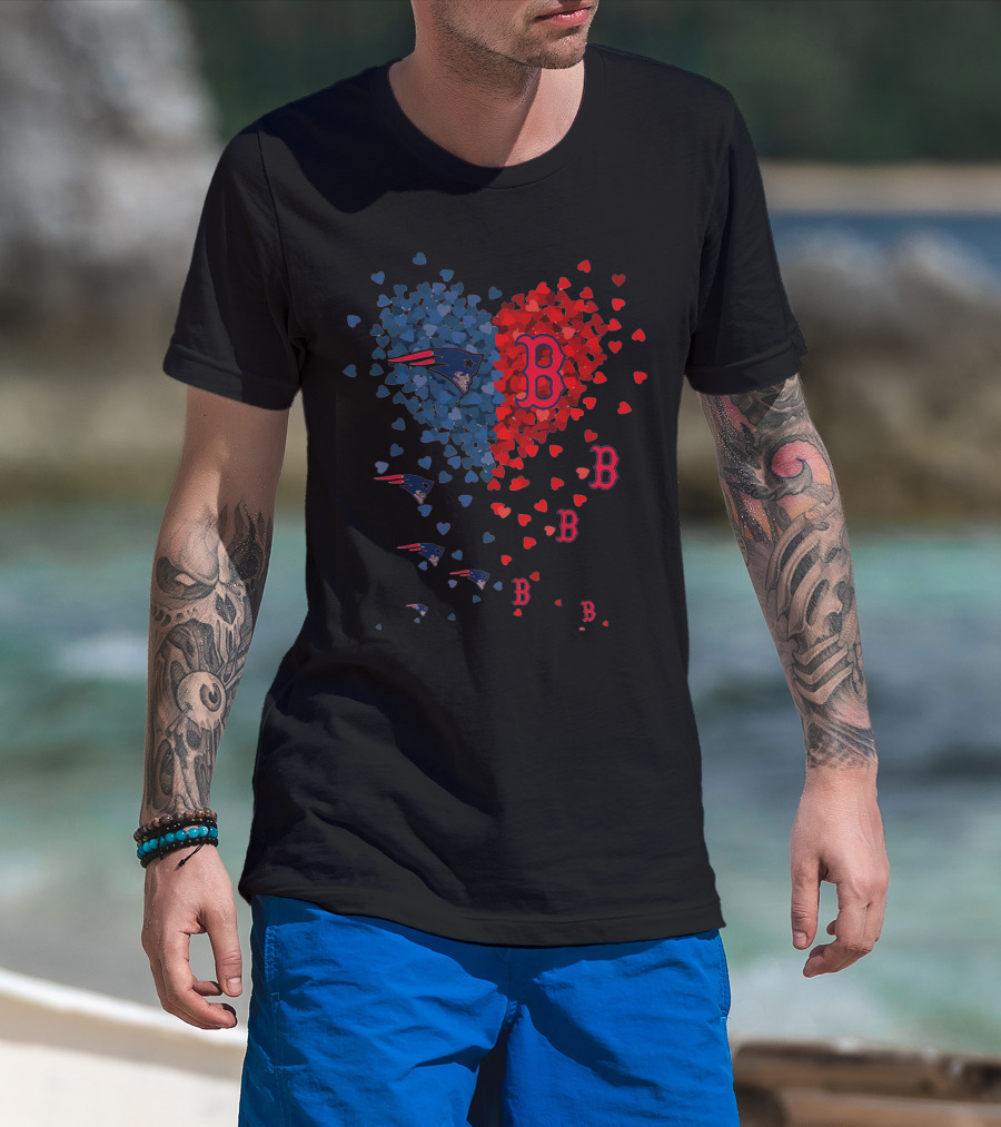 I Love New England Patriots Hearts Boston Red Sox Hearts T-Shirt