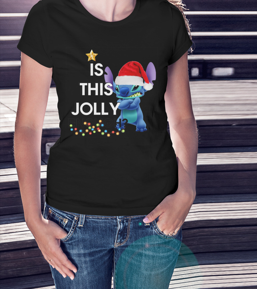 Is This Jolly Enough? Stitch With Santa Hat And Christmas Lights T-Shirt