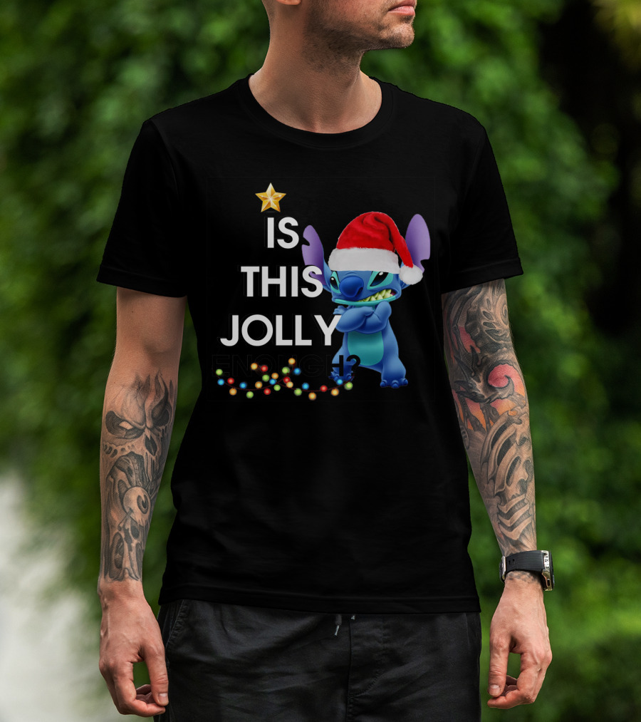 Is This Jolly Enough? Stitch With Santa Hat And Christmas Lights T-Shirt