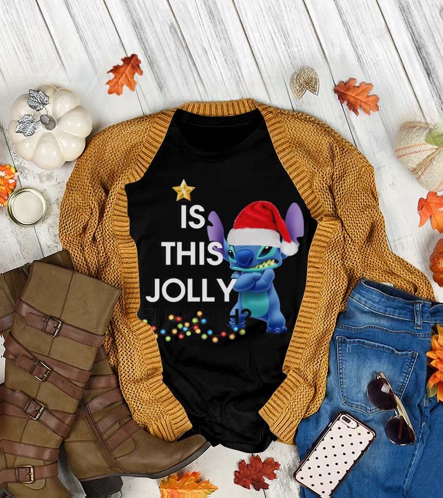 Is This Jolly Enough? Stitch With Santa Hat And Christmas Lights T-Shirt