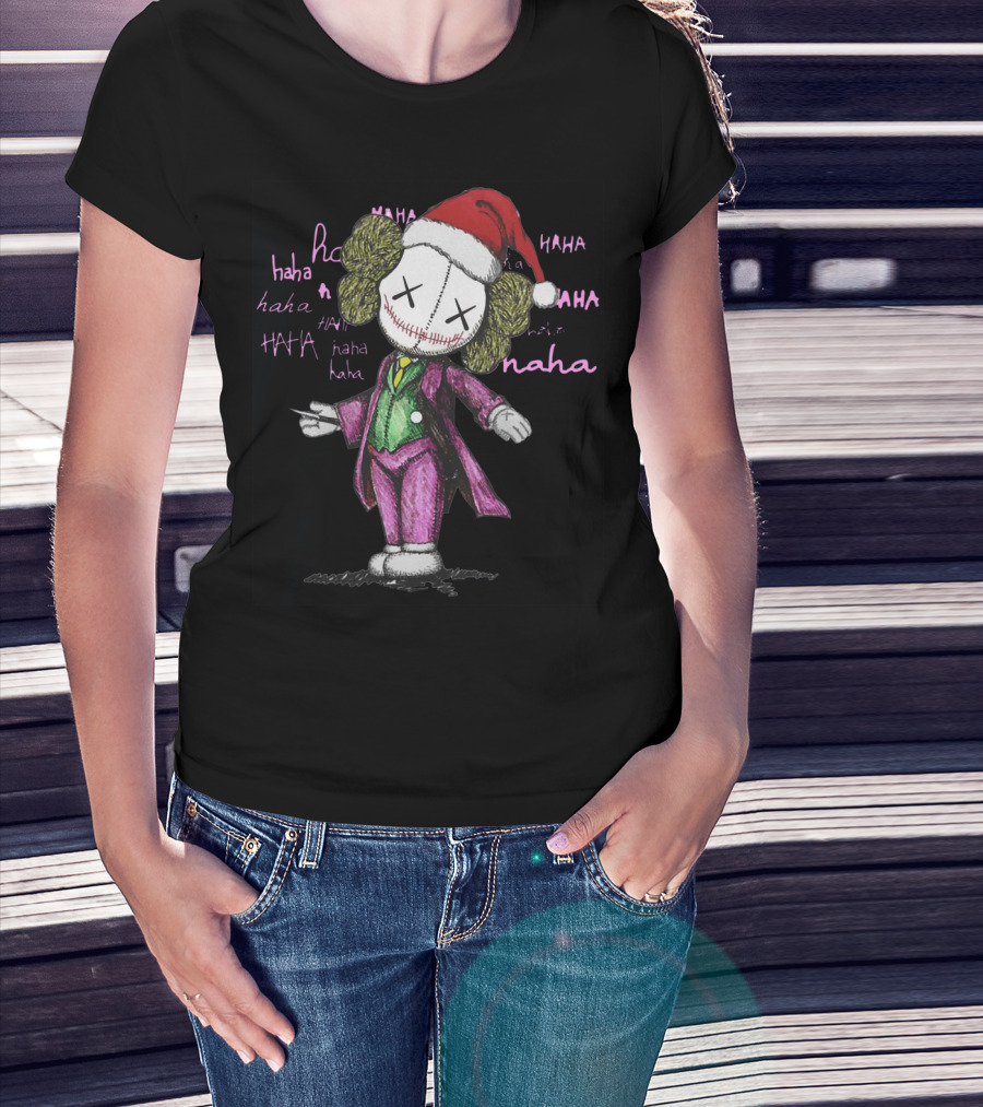 Santa Joker Kaws Haha Clown Character In Festive Hat With Laughing Text T-Shirt