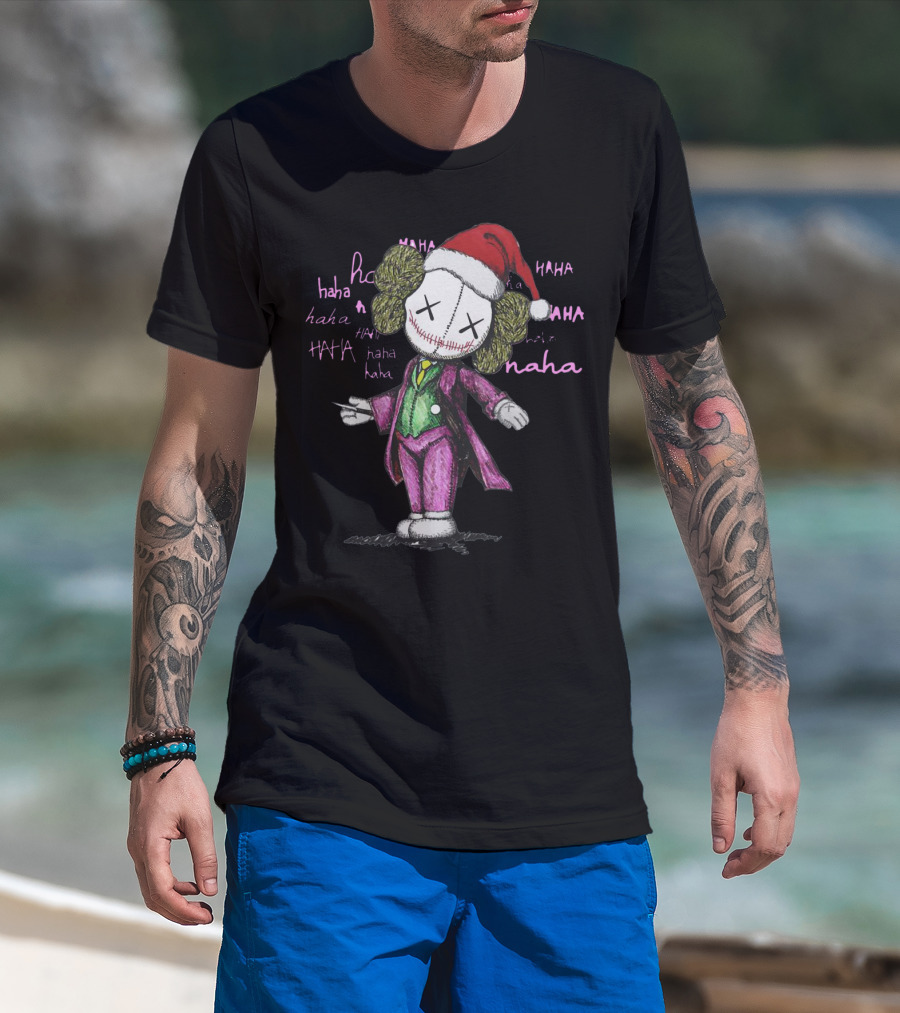 Santa Joker Kaws Haha Clown Character In Festive Hat With Laughing Text T-Shirt