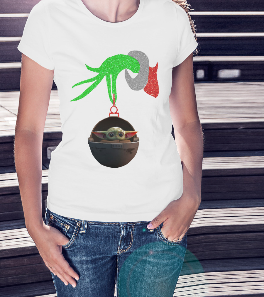 Grinch Hand Glitter Holding Baby Yoda T-Shirt