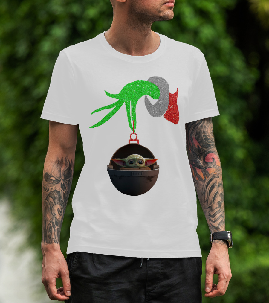 Grinch Hand Glitter Holding Baby Yoda T-Shirt