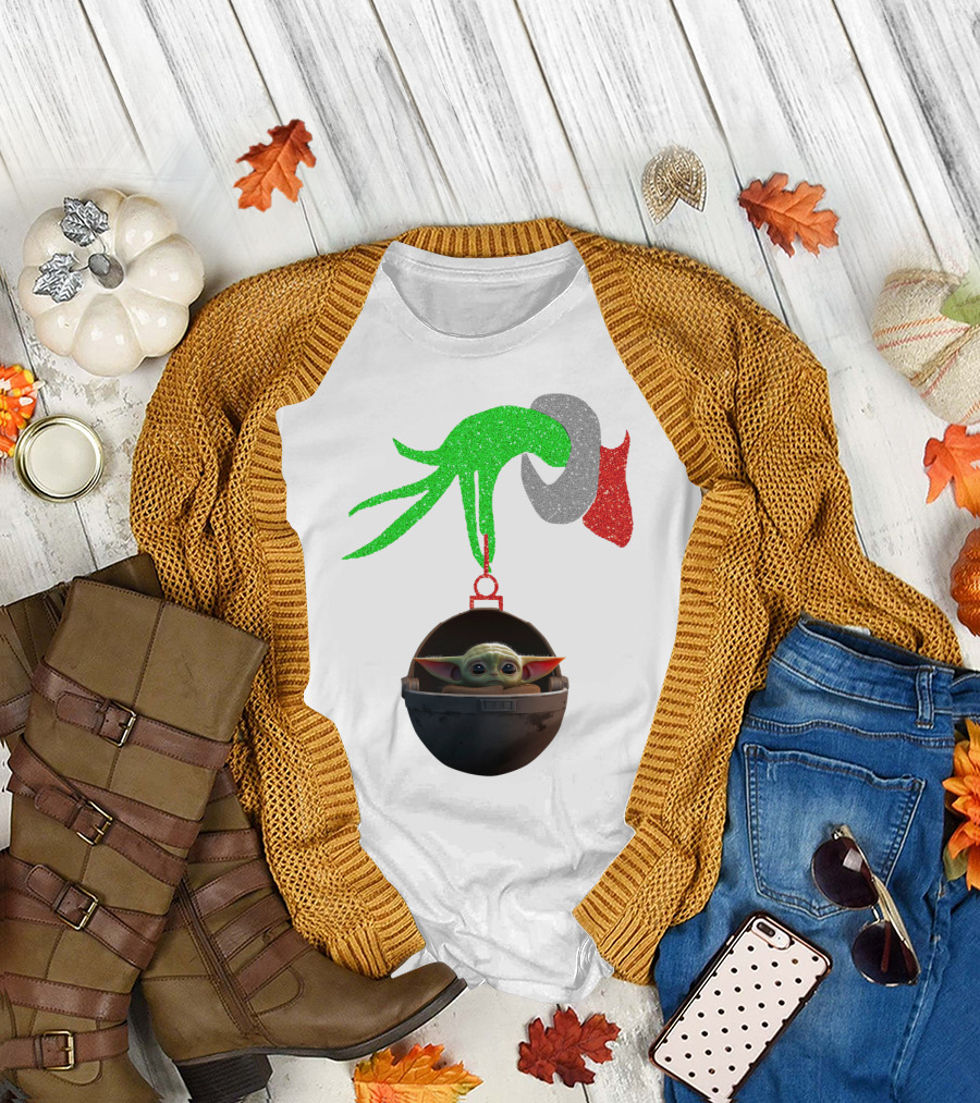 Grinch Hand Glitter Holding Baby Yoda T-Shirt