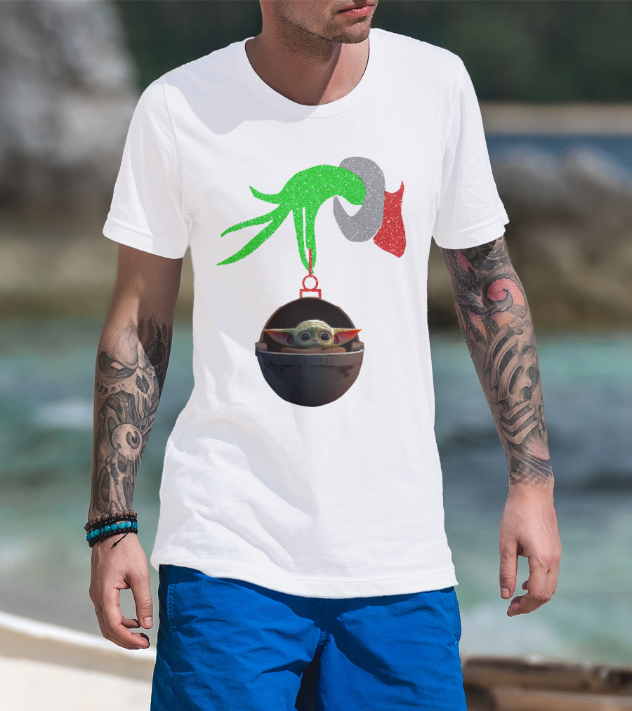 Grinch Hand Glitter Holding Baby Yoda T-Shirt