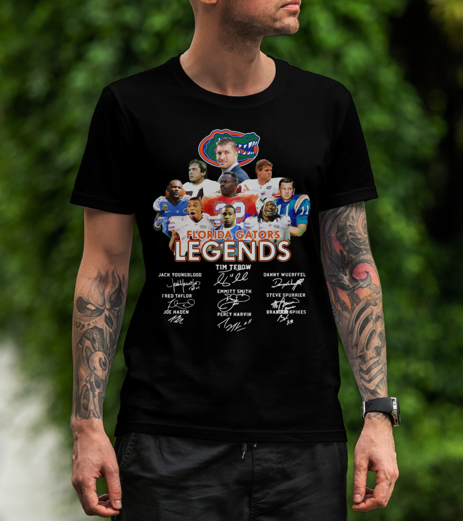 Florida Gators Legends Jack Youngblood Tim Tebow Danny Wuerffel Fred Taylor Emmitt Smith Steve Spurrier Joe Haden Percy Harvin Brandon Spikes T-Shirt
