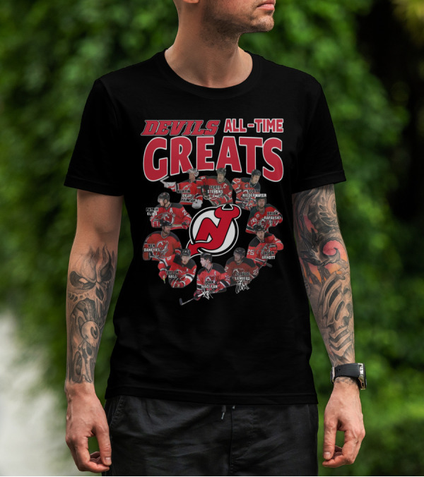 New Jersey Devils All-Time Greats Martin Brodeur Scott Stevens Scott Niedermayer Patrik Elias Ken Daneyko Brian Rafalski Taylor Hall John MacLean Claude Lemieux Jason Arnott T-Shirt