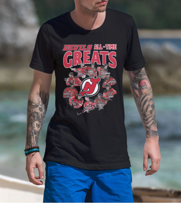 New Jersey Devils All-Time Greats Martin Brodeur Scott Stevens Scott Niedermayer Patrik Elias Ken Daneyko Brian Rafalski Taylor Hall John MacLean Claude Lemieux Jason Arnott T-Shirt