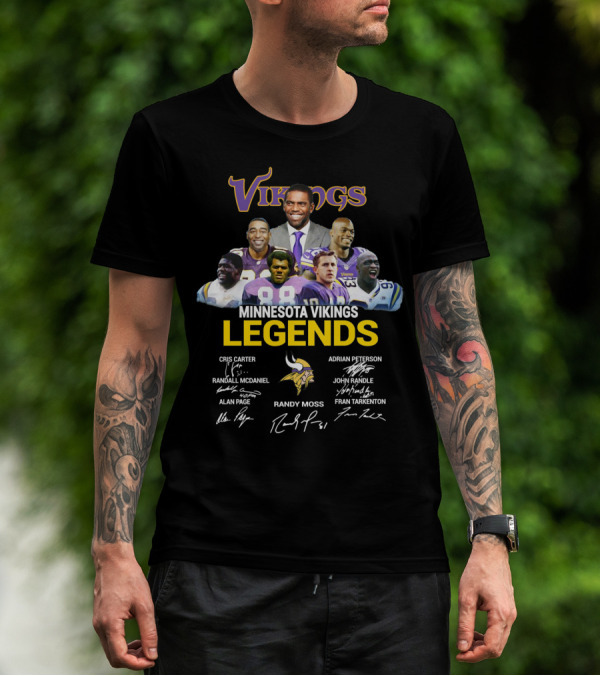 Minnesota Vikings Legends Cris Carter Randy Moss Adrian Peterson John Randle Randall McDaniel Alan Page Fran Tarkenton T-Shirt