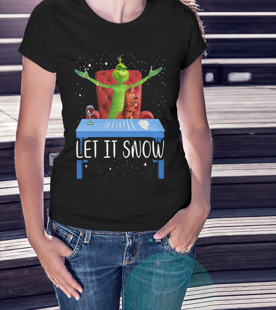 Let It Snow Grinch And Max At Table With Wine And Snowflakes T-Shirt