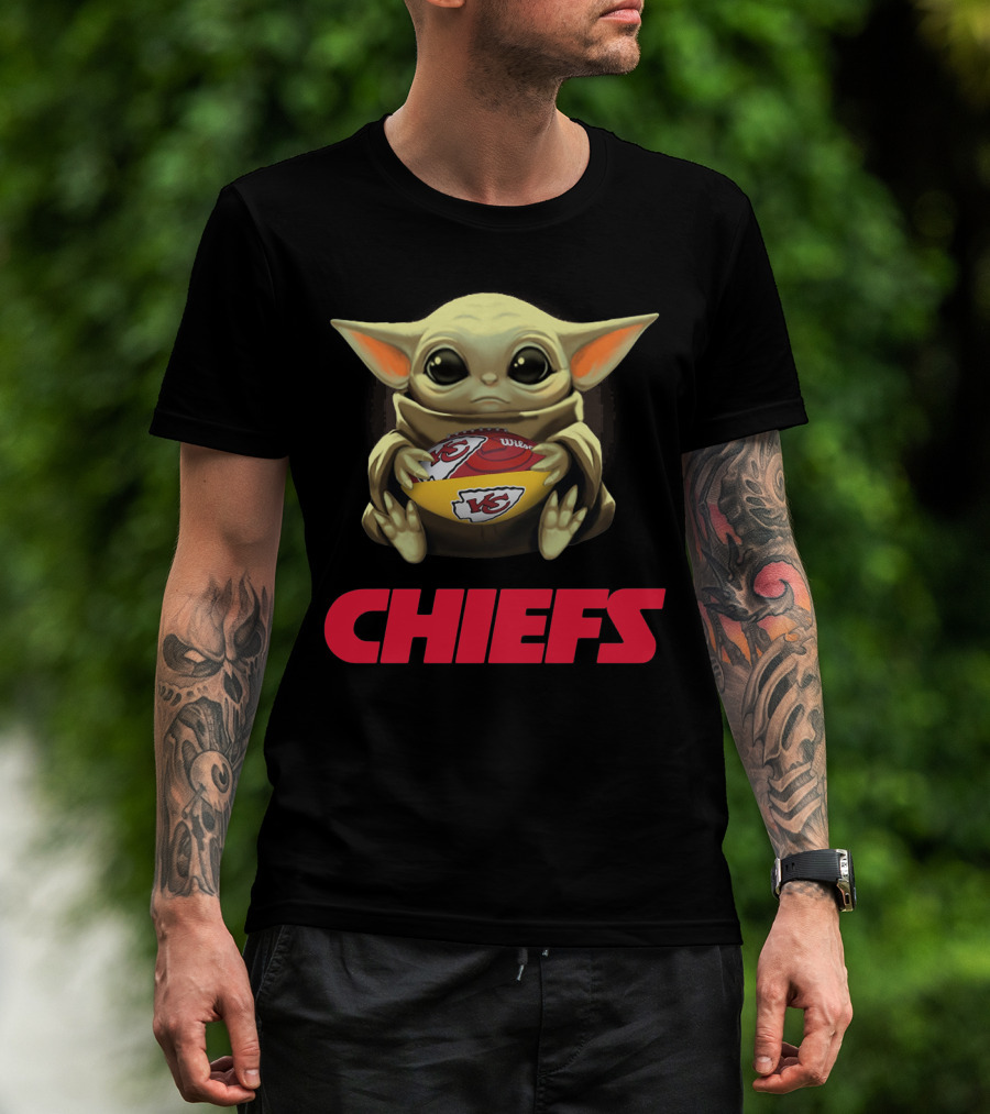 Baby Yoda Hugging Kansas City Chiefs Football T-Shirt