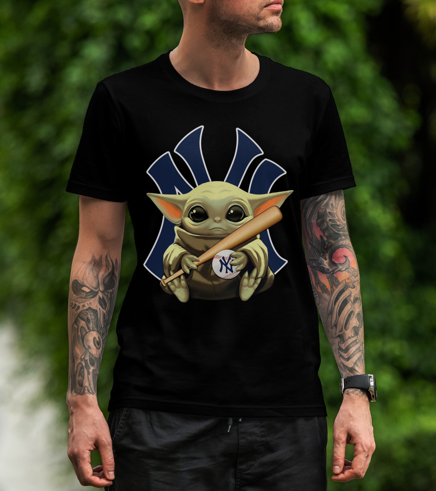 Baby Yoda Holding Baseball And Bat With New York Yankees T-Shirt