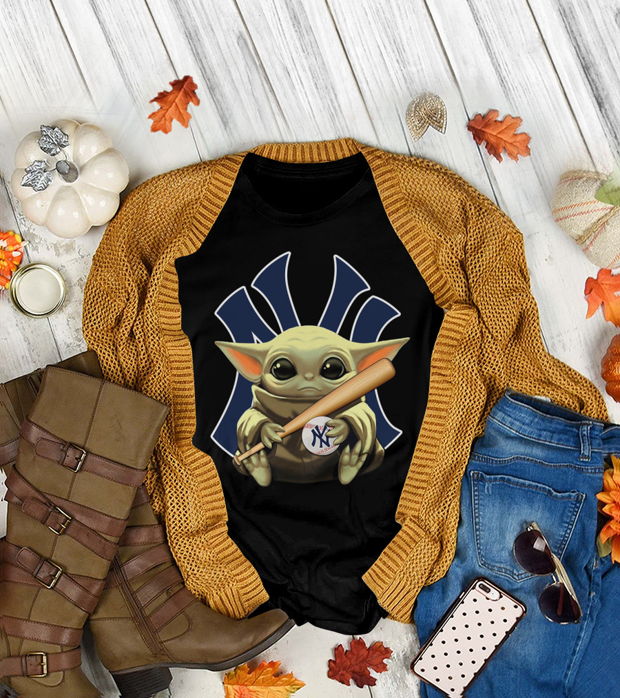 Baby Yoda Holding Baseball And Bat With New York Yankees T-Shirt