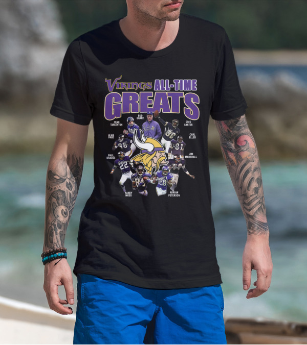 Vikings All-Time Greats Fran Tarkenton Bud Grant Cris Carter Alan Page Paul Krause Randy Moss Adrian Peterson Carl Eller Jim Marshall T-Shirt