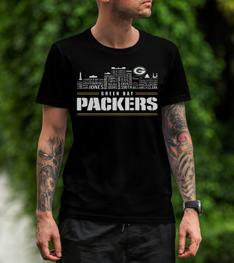 Green Bay Packers City Skyline Logo Jones Adams Clark T-Shirt