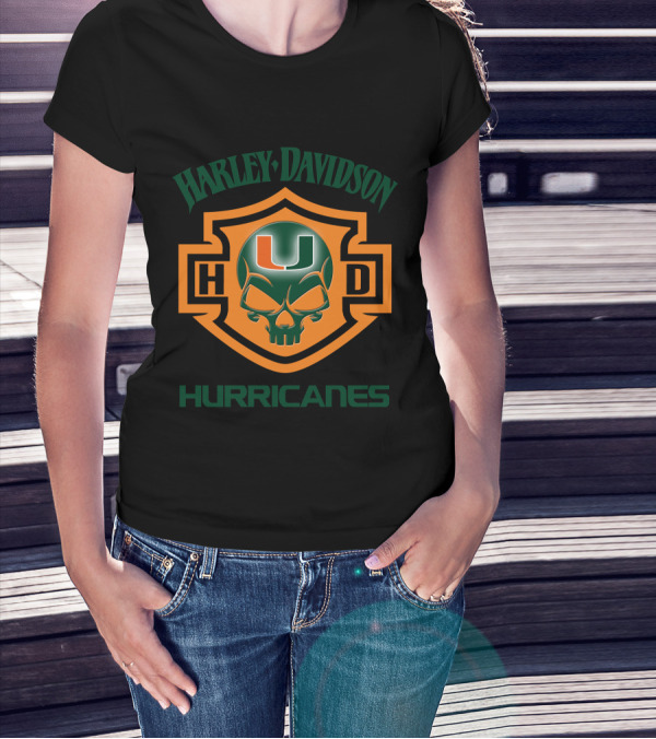 Harley Davidson Hurricanes Miami U Logo Skull Design For Ncaa Football Fans T-Shirt