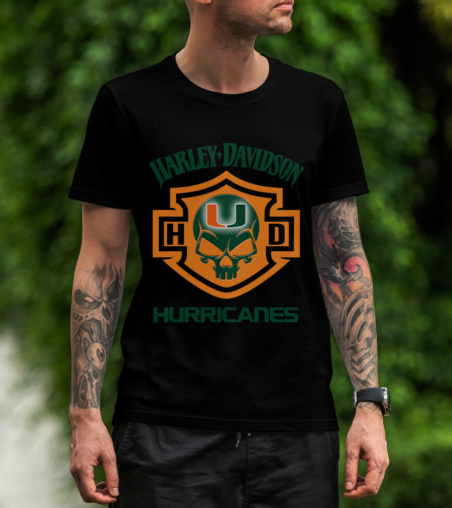 Harley Davidson Hurricanes Miami U Logo Skull Design For Ncaa Football Fans T-Shirt