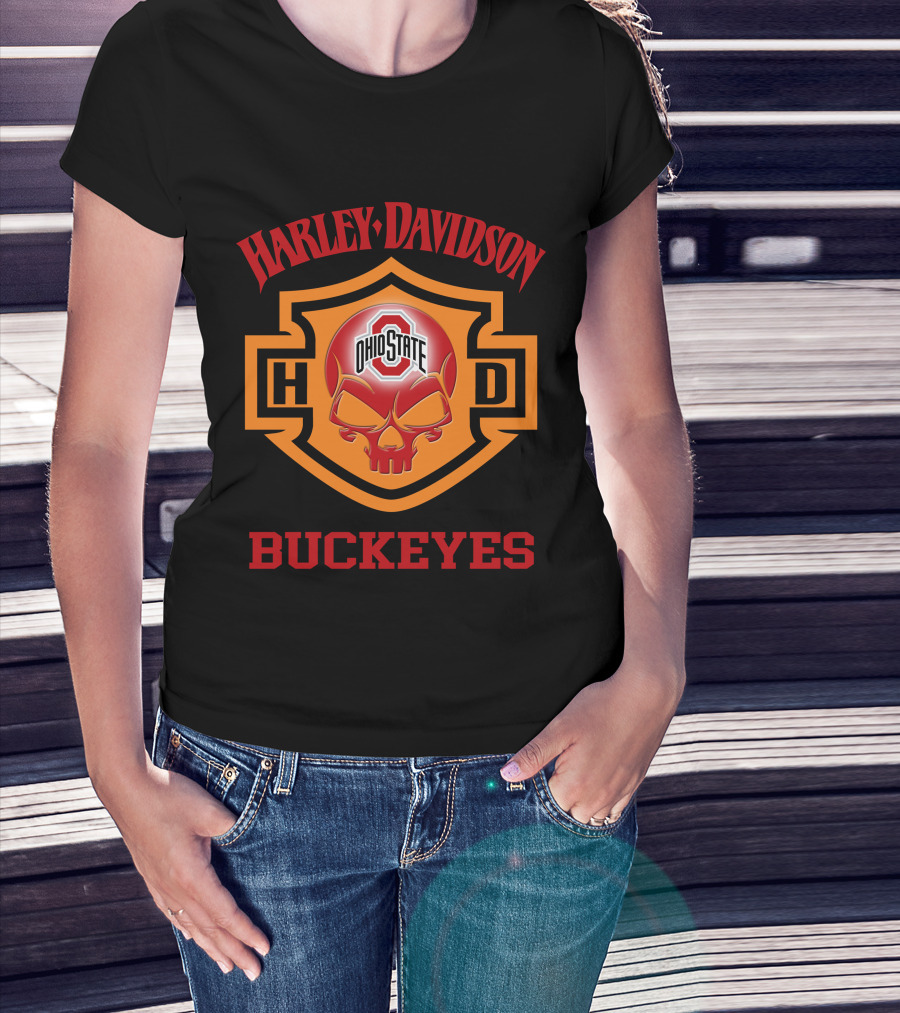 Ohio State Buckeyes Harley Davidson Fans Hd Skull T-Shirt