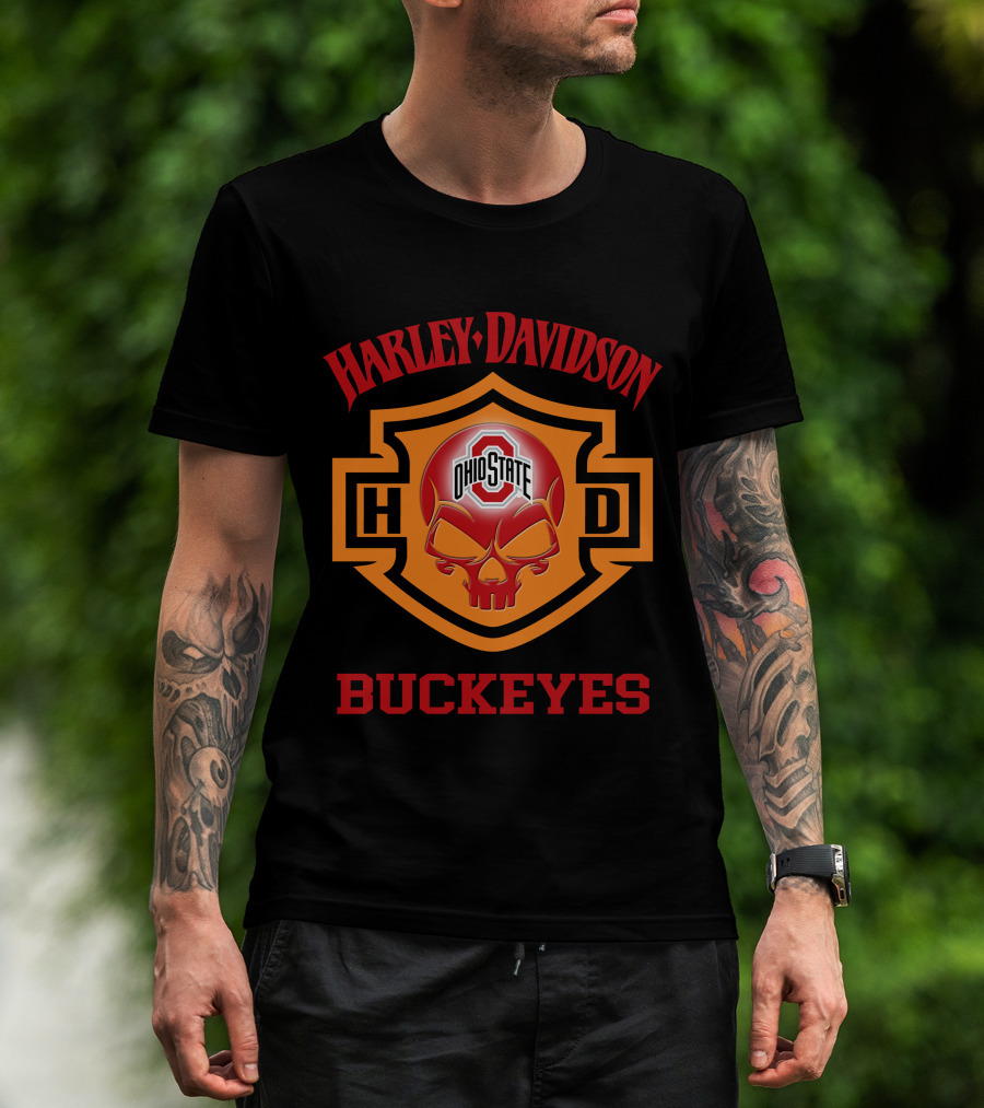 Ohio State Buckeyes Harley Davidson Fans Hd Skull T-Shirt